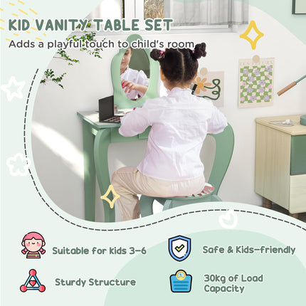 Toddler Bed Frame with Dressing Table, Mirror & Stool Animal Design for Ages 3-6 - Green