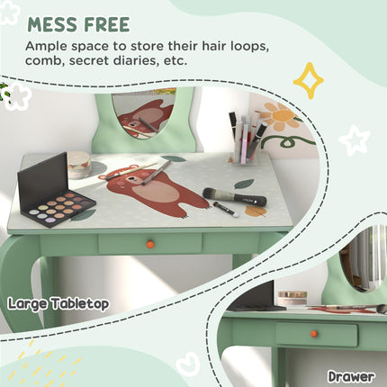 Toddler Bed Frame with Dressing Table, Mirror & Stool Animal Design for Ages 3-6 - Green