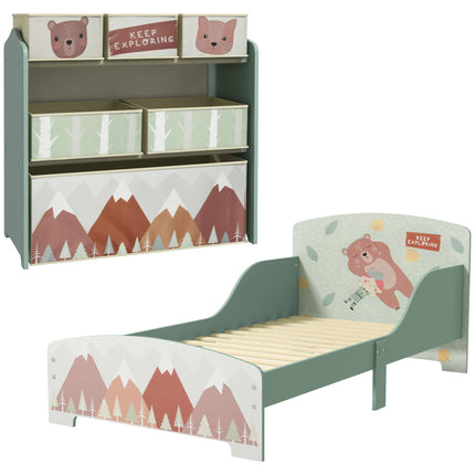 Toddler Bed Frame with 6-Bin Storage Shelf Unit for Ages 3-6 - Green