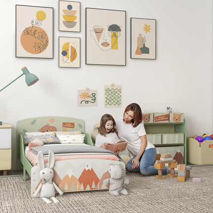 Toddler Bed Frame with 6-Bin Storage Shelf Unit for Ages 3-6 - Green