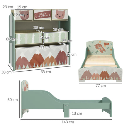 Toddler Bed Frame with 6-Bin Storage Shelf Unit for Ages 3-6 - Green