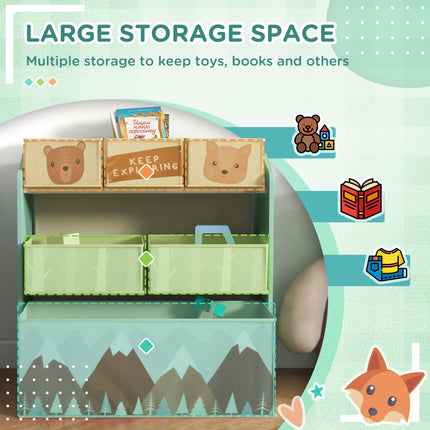 Toddler Bed Frame with 6-Bin Storage Shelf Unit for Ages 3-6 - Green
