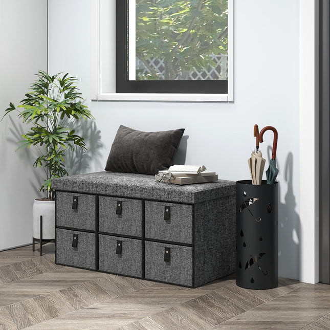 Six-Drawer Shoe Storage Bench with Padded Seat - Dark Grey