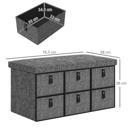 Six-Drawer Shoe Storage Bench with Padded Seat - Dark Grey