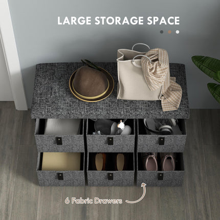 Six-Drawer Shoe Storage Bench with Padded Seat - Dark Grey