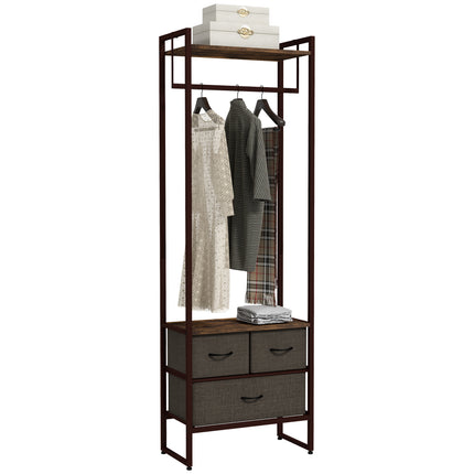 Free Standing Clothes Rail with 3 Fabric Drawers & Storage Shelves - Rustic Brown
