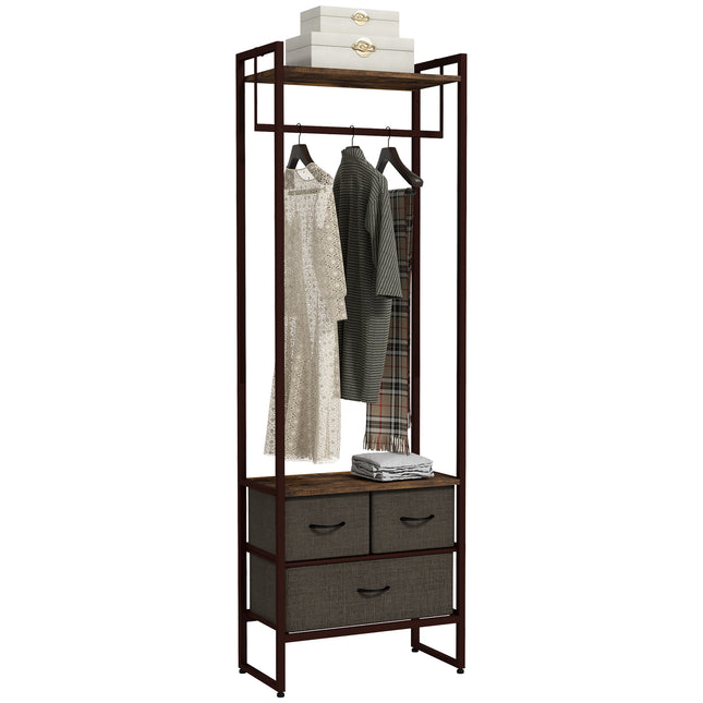 Free Standing Clothes Rail with 3 Fabric Drawers & Storage Shelves - Rustic Brown