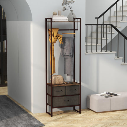 Free Standing Clothes Rail with 3 Fabric Drawers & Storage Shelves - Rustic Brown