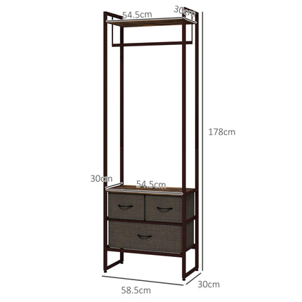 Free Standing Clothes Rail with 3 Fabric Drawers & Storage Shelves - Rustic Brown