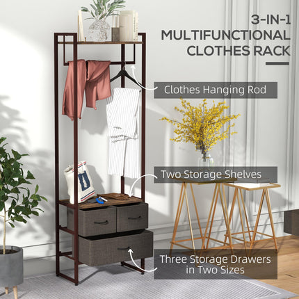 Free Standing Clothes Rail with 3 Fabric Drawers & Storage Shelves - Rustic Brown