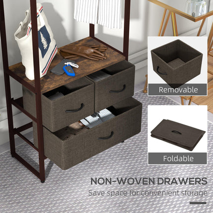 Free Standing Clothes Rail with 3 Fabric Drawers & Storage Shelves - Rustic Brown