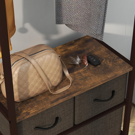 Free Standing Clothes Rail with 3 Fabric Drawers & Storage Shelves - Rustic Brown