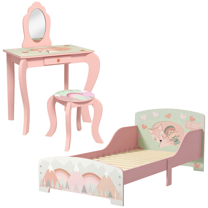 Toddler Bed Frame with Dressing Table, Mirror & Stool Kids Bedroom Furniture Set for Ages 3-6 - Pink