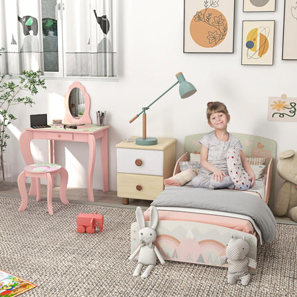 Toddler Bed Frame with Dressing Table, Mirror & Stool Kids Bedroom Furniture Set for Ages 3-6 - Pink