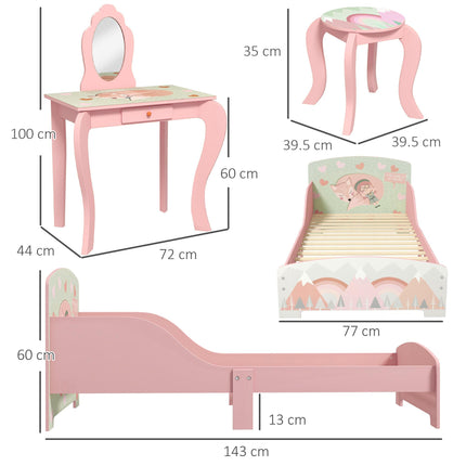 Toddler Bed Frame with Dressing Table, Mirror & Stool Kids Bedroom Furniture Set for Ages 3-6 - Pink
