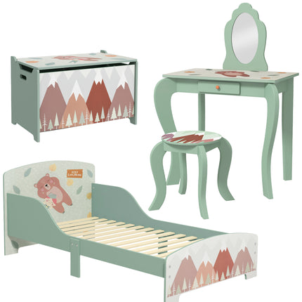 Kids Bedroom Furniture Set with Bed Frame, Toy Chest, Dressing Table & Stool for Ages 3-6 - Green