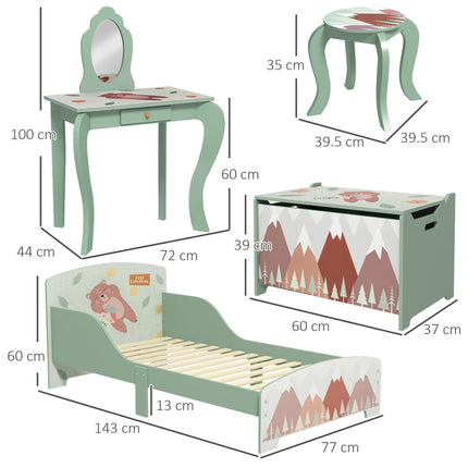Kids Bedroom Furniture Set with Bed Frame, Toy Chest, Dressing Table & Stool for Ages 3-6 - Green
