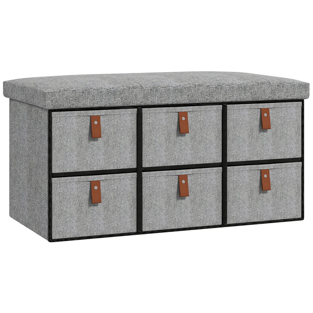 Shoe Storage Bench with Cushion and 6 Fabric Drawers for Entryway, Hallway, Bedroom - Light Grey
