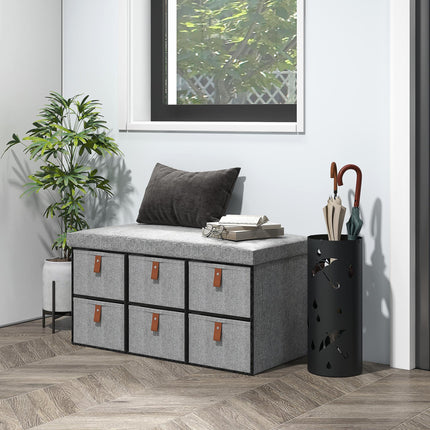 Shoe Storage Bench with Cushion and 6 Fabric Drawers for Entryway, Hallway, Bedroom - Light Grey
