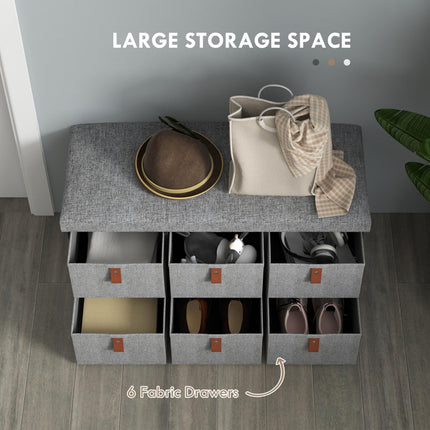Shoe Storage Bench with Cushion and 6 Fabric Drawers for Entryway, Hallway, Bedroom - Light Grey
