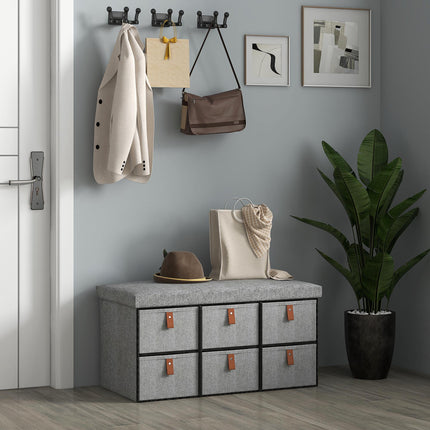 Shoe Storage Bench with Cushion and 6 Fabric Drawers for Entryway, Hallway, Bedroom - Light Grey