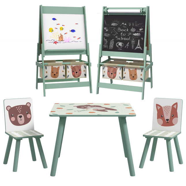 Kids Table and Chair Set with Easel, Paper Roll & Storage Baskets - Green