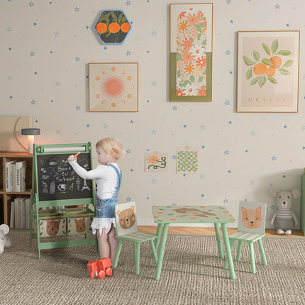 Kids Table and Chair Set with Easel, Paper Roll & Storage Baskets - Green