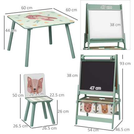 Kids Table and Chair Set with Easel, Paper Roll & Storage Baskets - Green