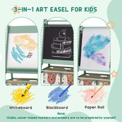 Kids Table and Chair Set with Easel, Paper Roll & Storage Baskets - Green