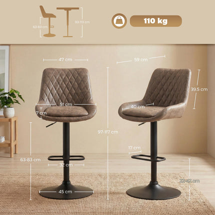 Adjustable Retro Bar Stools Set of 2 with Back Support - Coffee