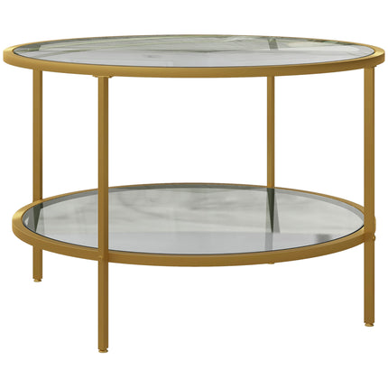 Round Coffee Table with Storage, 2-Tier Tempered Glass Coffee Table with Steel F