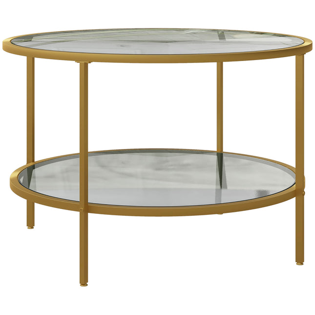 Round Coffee Table with Storage, 2-Tier Tempered Glass Coffee Table with Steel F
