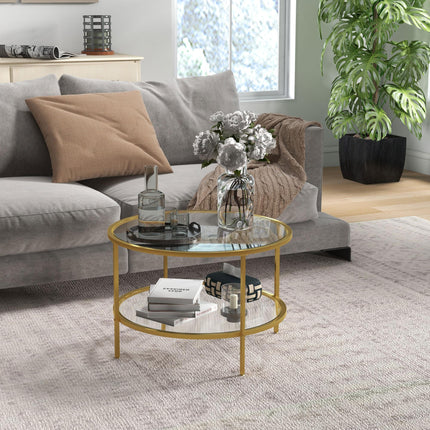 Round Coffee Table with Storage, 2-Tier Tempered Glass Coffee Table with Steel F