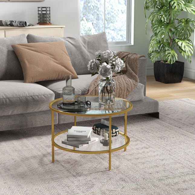 Round Coffee Table with Storage, 2-Tier Tempered Glass Coffee Table with Steel F