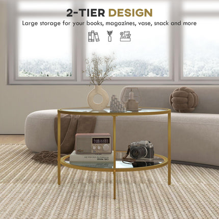 Round Coffee Table with Storage, 2-Tier Tempered Glass Coffee Table with Steel F