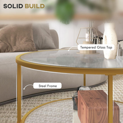 Round Coffee Table with Storage, 2-Tier Tempered Glass Coffee Table with Steel F