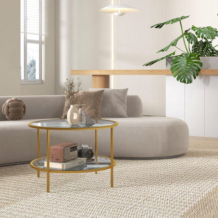 Round Coffee Table with Storage, 2-Tier Tempered Glass Coffee Table with Steel F