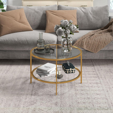 Round Coffee Table with Storage, 2-Tier Tempered Glass Coffee Table with Steel F