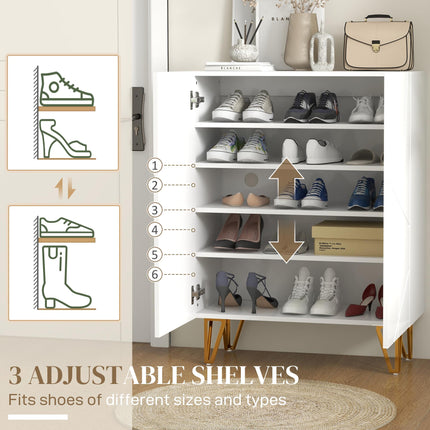 Narrow Shoe Storage Cabinet with Adjustable Shelves and Soft-Close Hinges for 15-20 Pairs - White