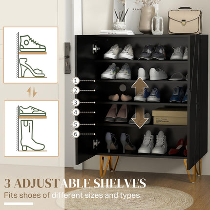 Narrow Shoe Storage Cabinet for 15-20 Pairs with Soft-Close Hinges and Adjustable Shelves - Black