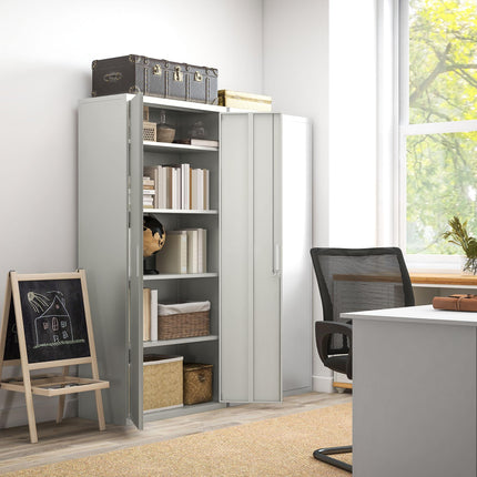 Lockable Five Shelf Steel Office Cabinet with Adjustable Shelves - White