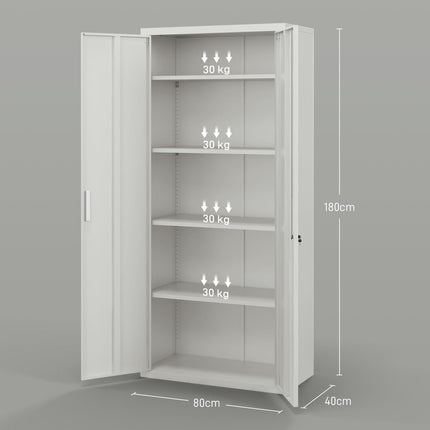 Lockable Five Shelf Steel Office Cabinet with Adjustable Shelves - White