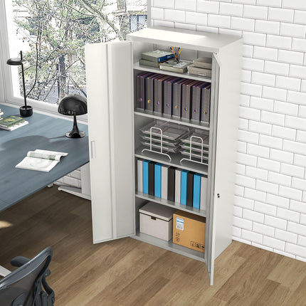 Lockable Five Shelf Steel Office Cabinet with Adjustable Shelves - White