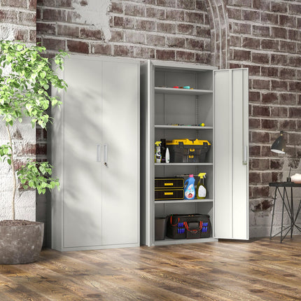 Lockable Five Shelf Steel Office Cabinet with Adjustable Shelves - White