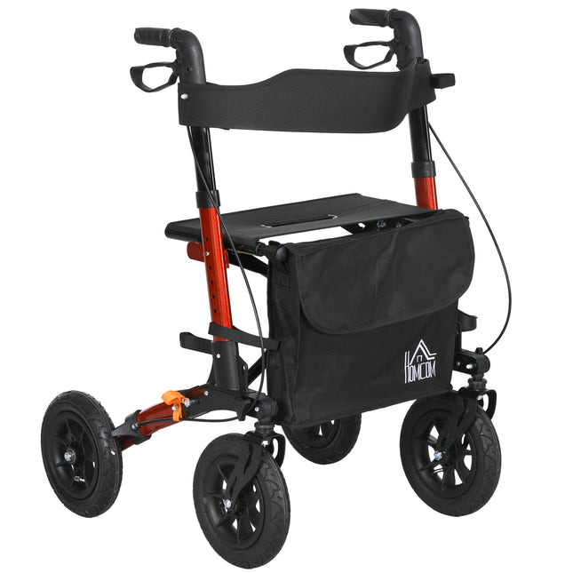 Lightweight Walking Frame, Rubber Wheels, Rollator Walker with Seat and Wheels with Adjustable Handle, Bag, Red