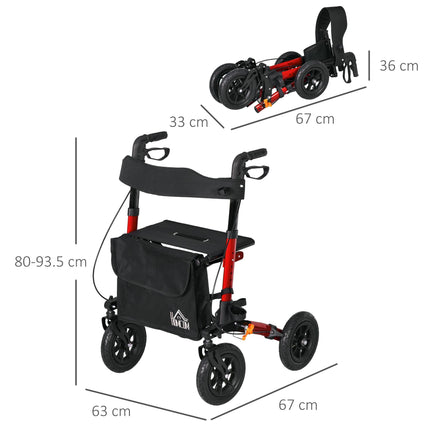 Lightweight Walking Frame, Rubber Wheels, Rollator Walker with Seat and Wheels with Adjustable Handle, Bag, Red