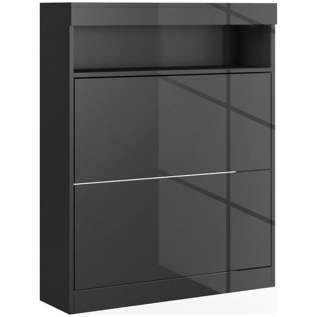 16 Pair Shoe Storage Cabinet with Flip Doors - High Gloss Black