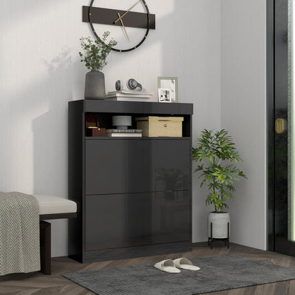 16 Pair Shoe Storage Cabinet with Flip Doors - High Gloss Black