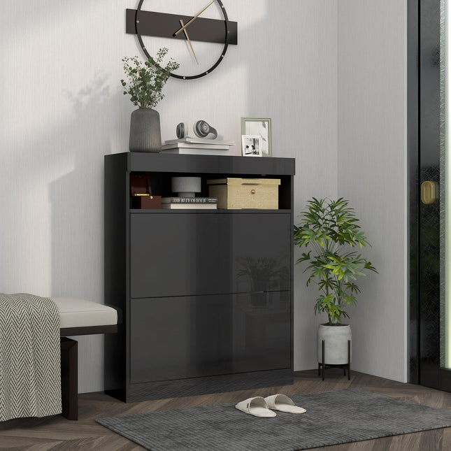 16 Pair Shoe Storage Cabinet with Flip Doors - High Gloss Black