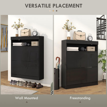 16 Pair Shoe Storage Cabinet with Flip Doors - High Gloss Black